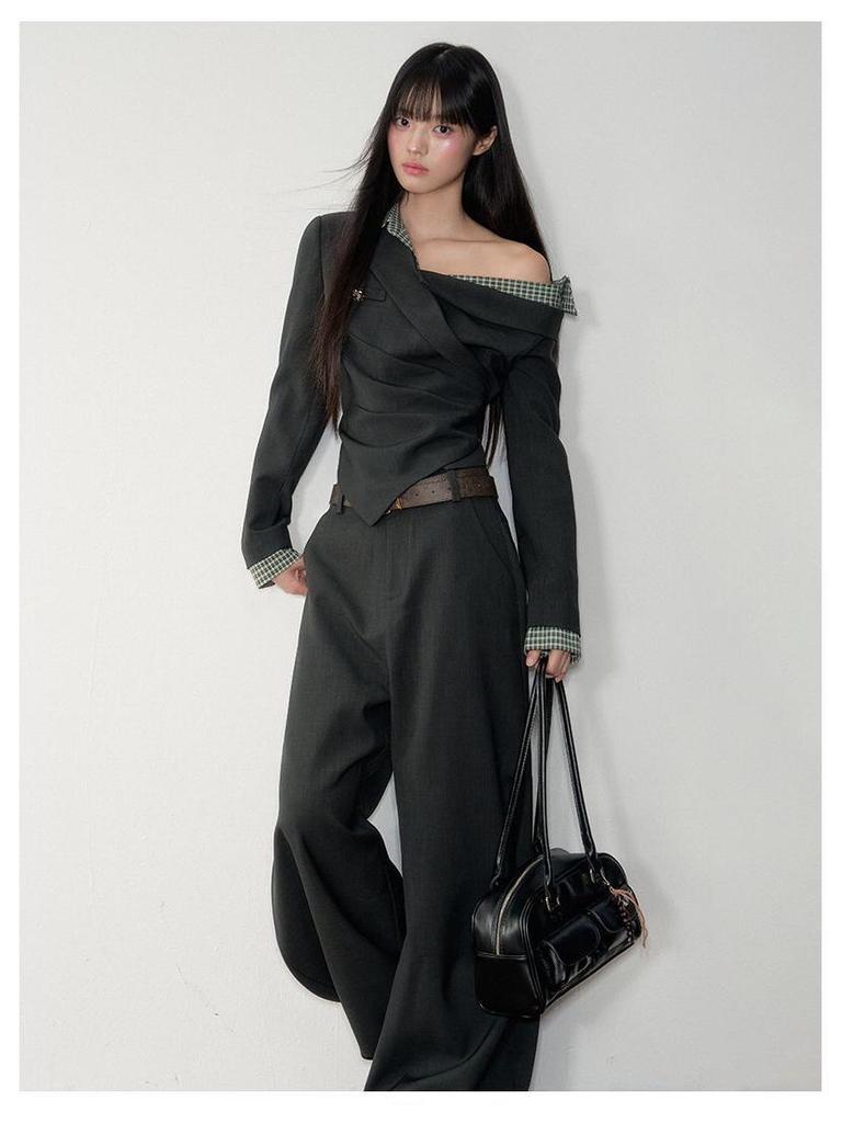 Herbst Schulterfreies Karriertes Langarmhemd für Damen, Tailliert, Schlankmachend, Wunderschönes Design