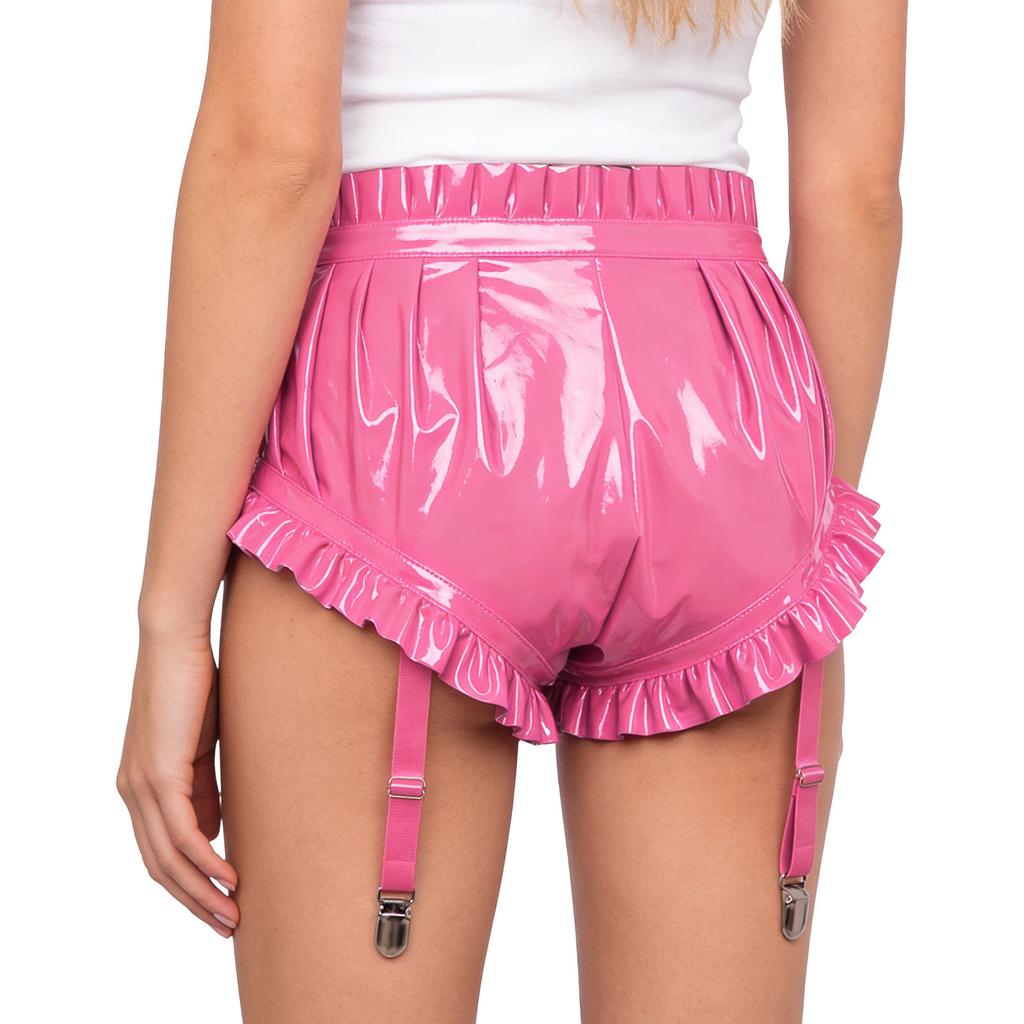Slip da Donna in Ecopelle con Bordi Arricciati Pantaloncini Bloomer Pieghettati Clip per Reggicalze Lingerie Lucida