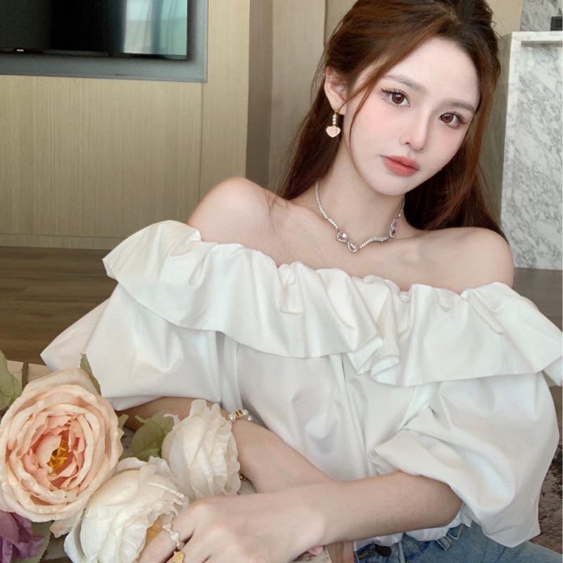 Short-sleeved Hot Girl Square Collar Solid Color French Retro Summer Dress Short-sleeved Shirt Chiffon One-shoulder Short Model M белый