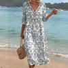 Women's V-Neck Midi Casual Dress with Printed Pattern for Beach Summer Vacation