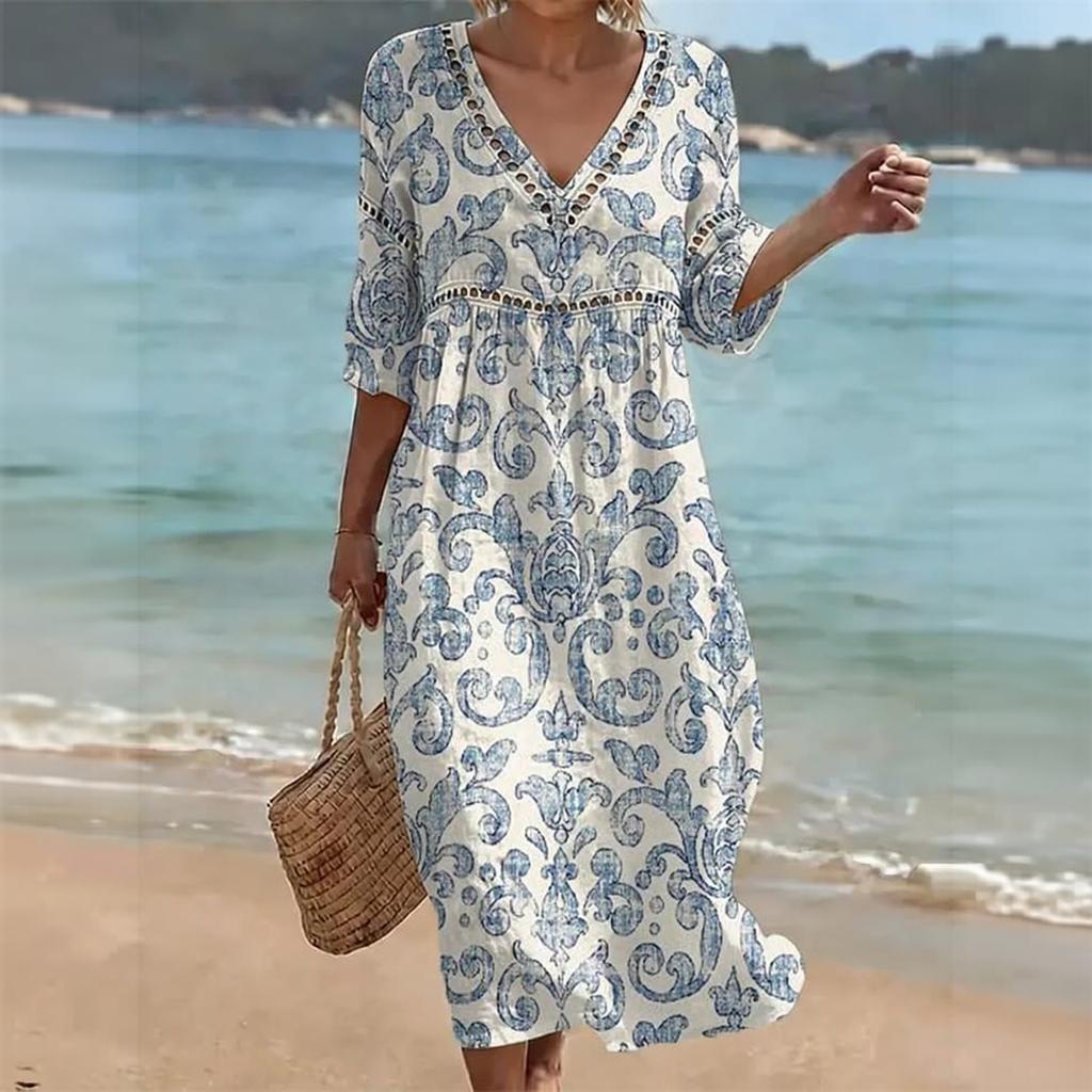 Women's V-Neck Midi Casual Dress with Printed Pattern for Beach Summer Vacation