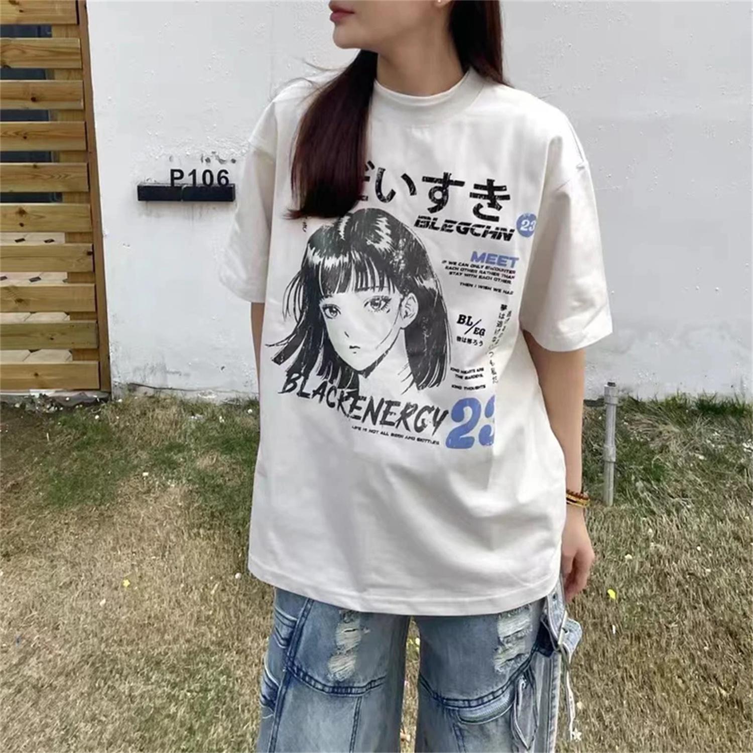 

Vintage Korean Anime Printed Cotton Short-sleeved Women T-shirt Summer American Street Men Shirt Harajuku Oversize Loose Y2k Top XXXXXL