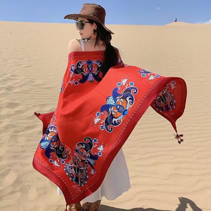 Shawl Travel Ethnic Style Cotton Linen Sun Protection Beach Cape Desert Sun Protection Cape Sun Protection Scarf Silk