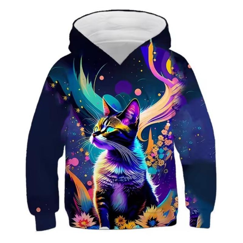 Hoodies Cute Kitten Flowers Print Girls Sweatshirt Stretch Comfortable Fit Long Sleeve Autumn Winter Pullover Tops Youth Kids