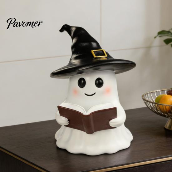 Literary Reading Ghost Decor Halloween Figurine with LED Light, Resin Witch Hat Statue Decorative Guitar/Book, Cute Luminous Sculpture for Home