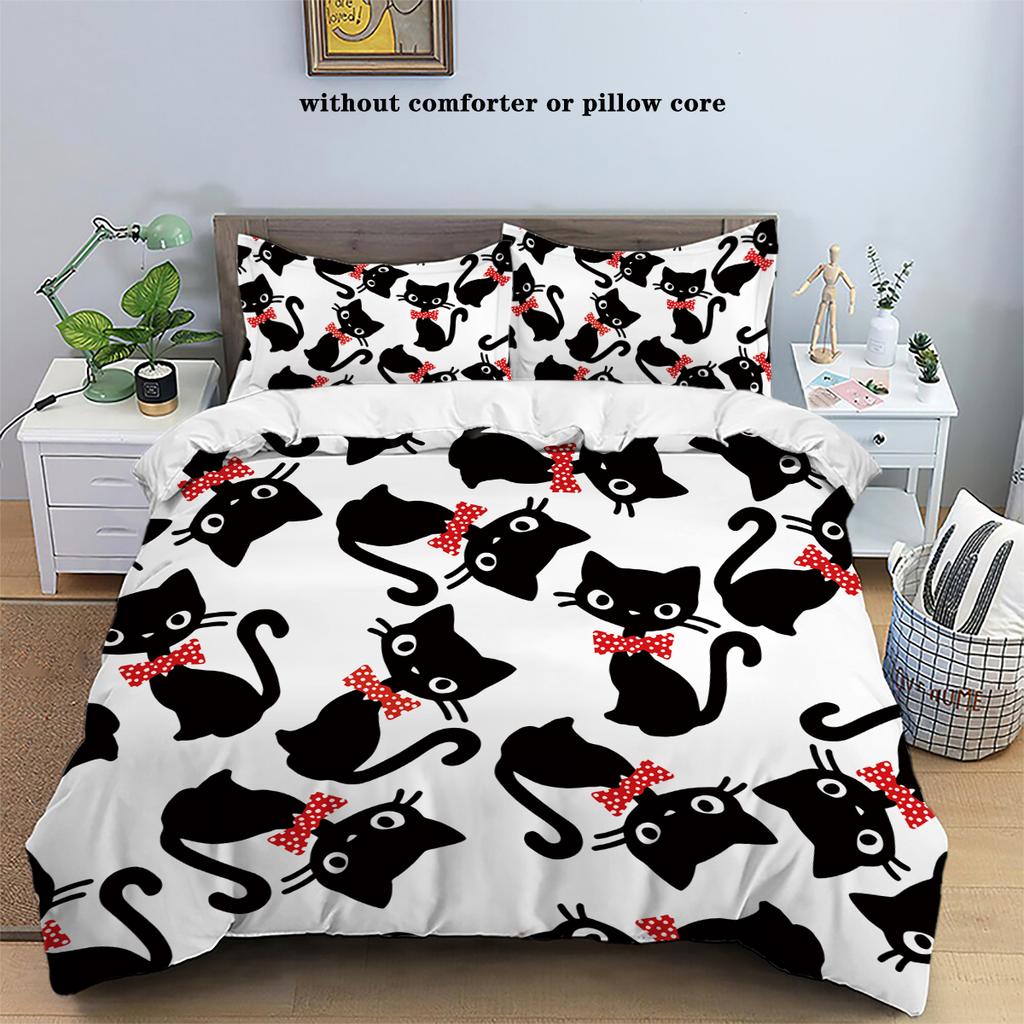 3-piece Down Duvet Cover with Cat Pattern Print (1 Down Duvet Cover+2 Pillowcases, No Core) Soft and Comfortable Bedding Set