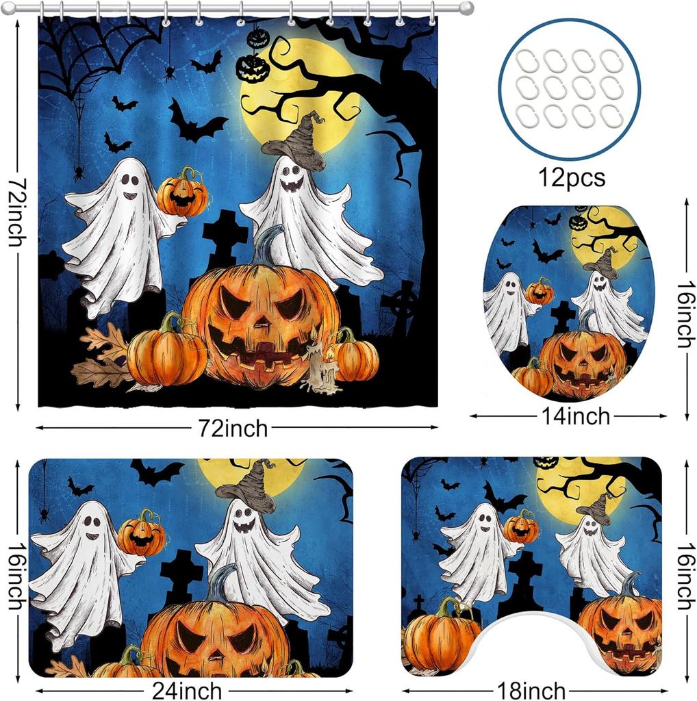 Halloween Shower Curtain Set, Halloween Bathroom Set 4, Bathroom Decor Sets With Shower Curtain And Rugs Accessories, Ghost