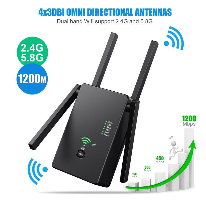1200Mbps Wireless 5G Wifi Repeater Wi Fi Router Signal Amplifier Boosters 2.4G/5G Dual Band 802.11g Gigabit Network Range Expander Ap WIFI Enhancement