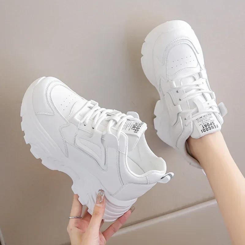 White Platform Women's Sneakers Autumn Lace-Up Thick Bottom Sports Shoes Woman Pu Leather Breathable Walking Shoes Female