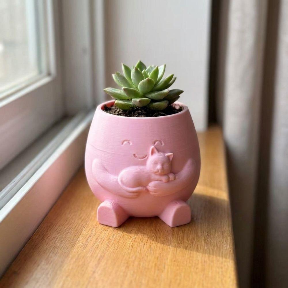3D Printed Hugging Cat Succulent Planter Pot Happy Expression Novelty Shy Cover Eyes Character Plant Pot Plastic Lifelike