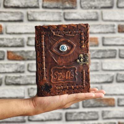 Leather Spellbook Book Of Shadows, Best Halloween Theme Gift, 200 Writing Pages,  Notebook with Evil Eye, Gothic Horror Grimoire,
