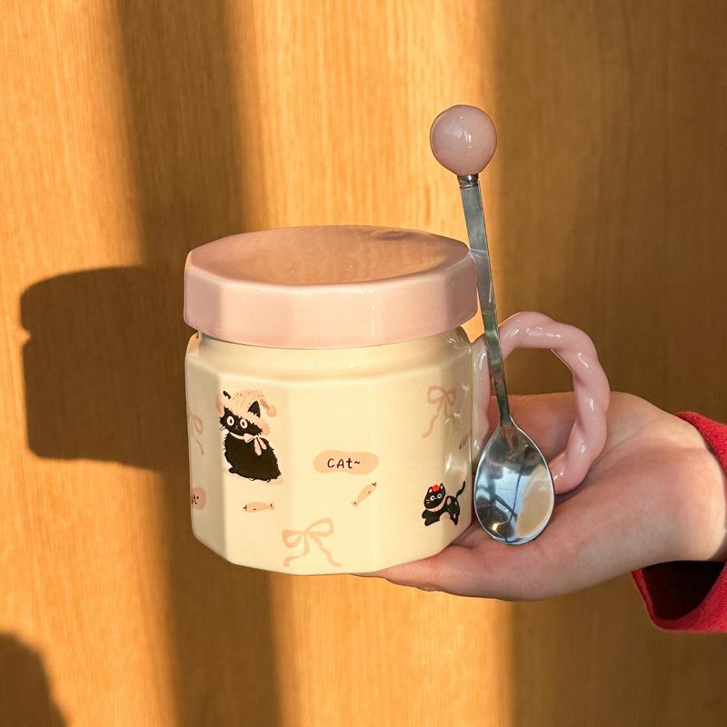 

Milk fufu cute cat mug high-value ceramic cup with lid for girls birthday gifts 401-500ml