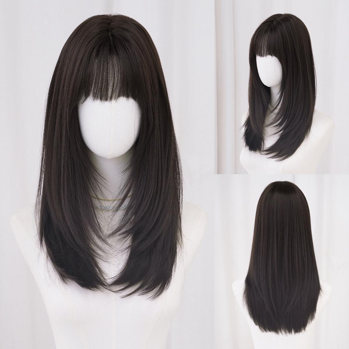 

Новый темно-коричневый парик средней длины прямой для женщин - Слоистые волосы до груди с воздушной челкой Натуральный парик-шапочка 55cm чёрный