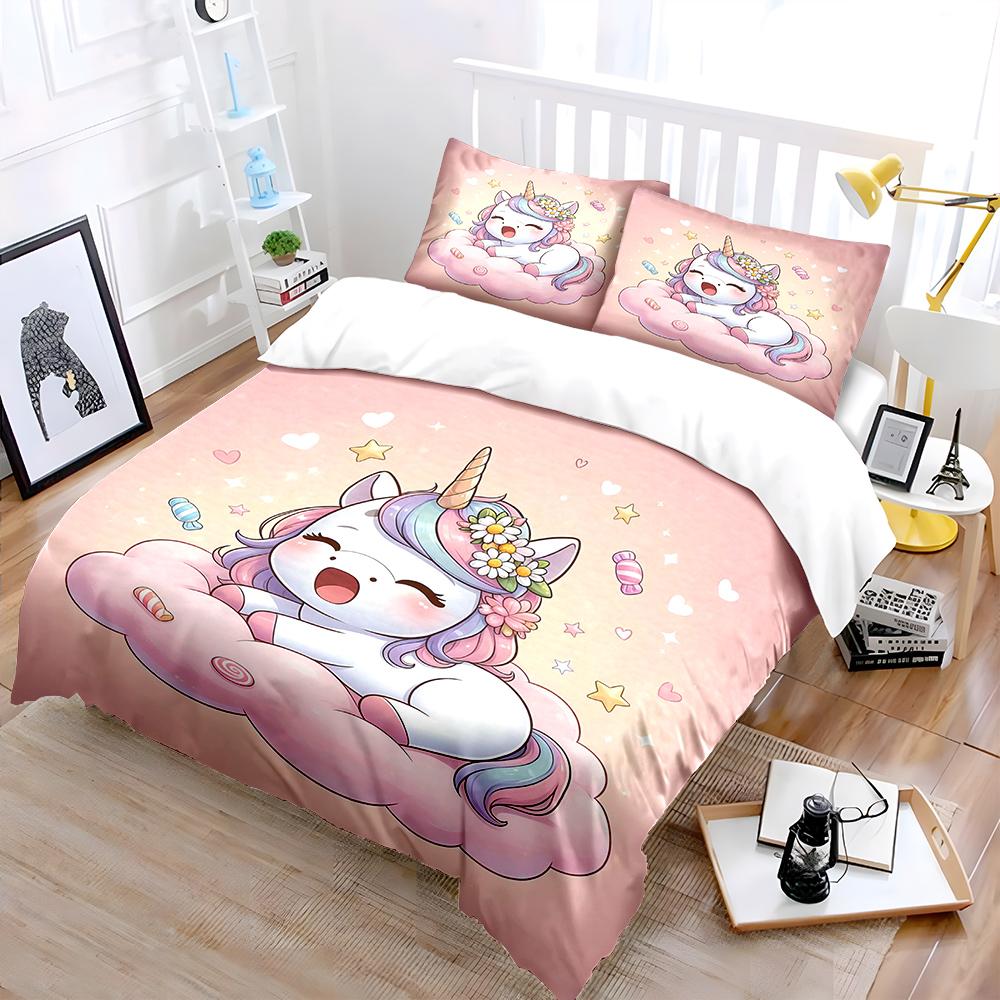 Cute unicorn with candy cloud Pattern Duvet Cover Set Digital Print Polyester Bedding with Zipper Closur for kids gifts