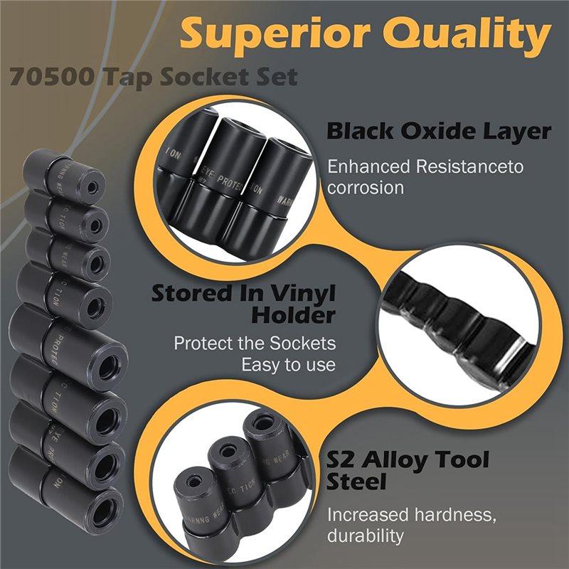 ABMH-70500 Gängtappsockelset 8 st Använd med 1/4" & 3/8" fyrkantsfäste, Passar MCTI Standard gängtapp (1/2" & 1/8" NPT, Upp till 12 mm metrisk)