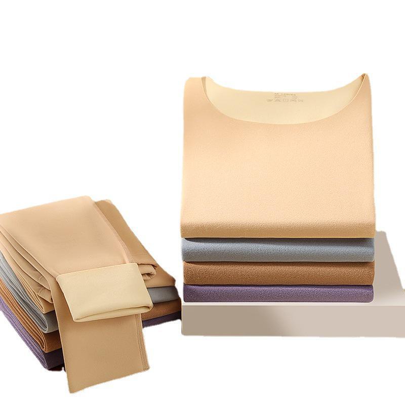 Women's Seamless Brushed Thermal Underwear Set - Round Neck Slim Fit for Autumn and Winter