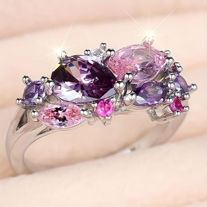1pc Elegant Floral Rainbow Zirconia Ring, Synthetic Stone Setting Copper Base - Wedding Evening Gift for Women, All Seasons