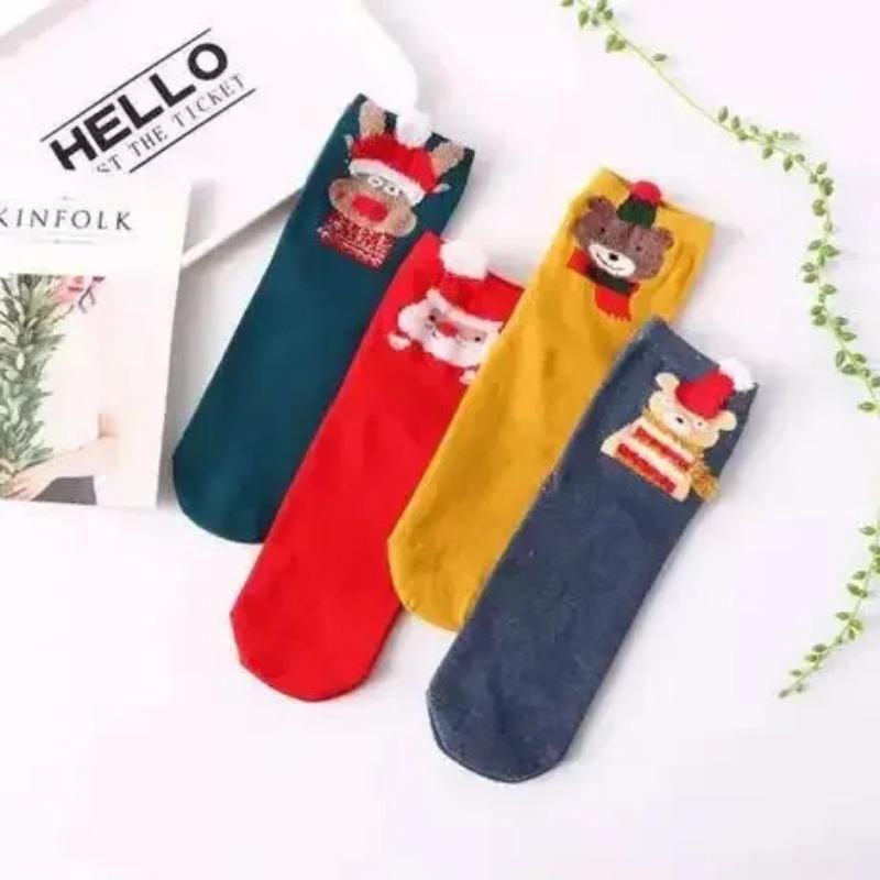 Three-dimensional Women Lot Pack Socks Scarlet Cartoon Christmas Cute Japanese Style Elk Happy Funny Cotton Socks 4 Pairs