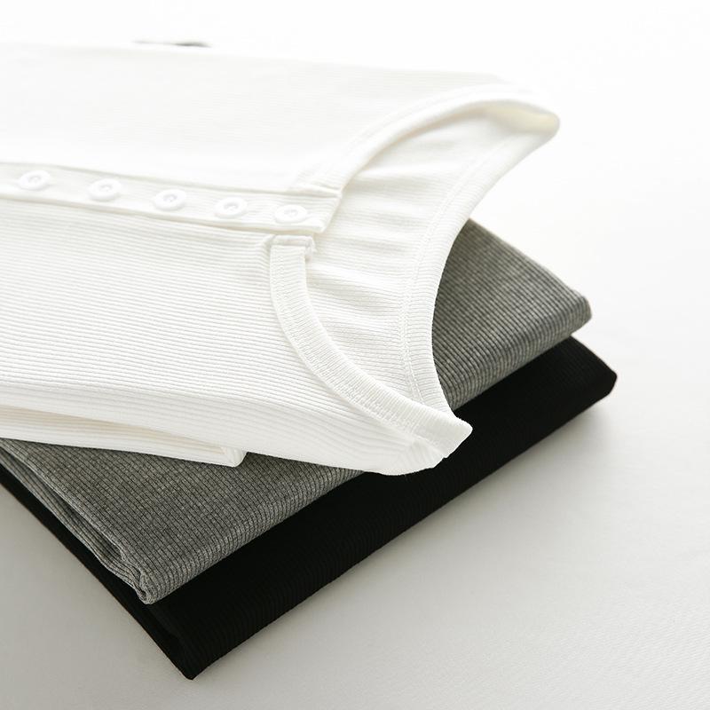 Women's Slim Fit Long Sleeve Half Open Collar T-shirt with Button Detail