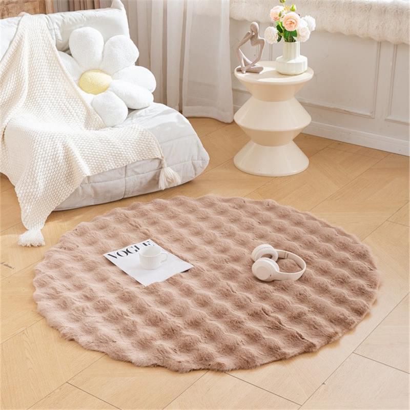 Cream Faux Rabbit Fur Round Rug - Bubble Fleece Bedroom Bedside Cushion Mat