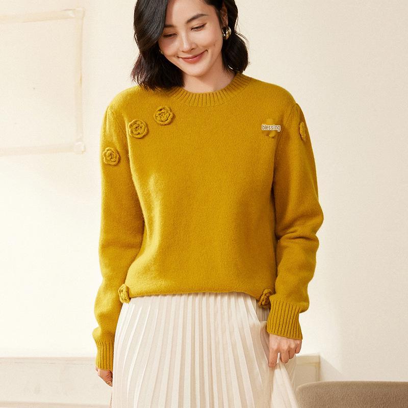 Women's Hand-Sewn 100% Pure Wool Sweater - Golden Camel Loose Knitwear, Autumn/Winter 2024, Round Neck Base Layer.