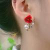 2024 Trendy Red Rose Pearl Stud Earrings: Niche Light Luxury, Super Shiny Design