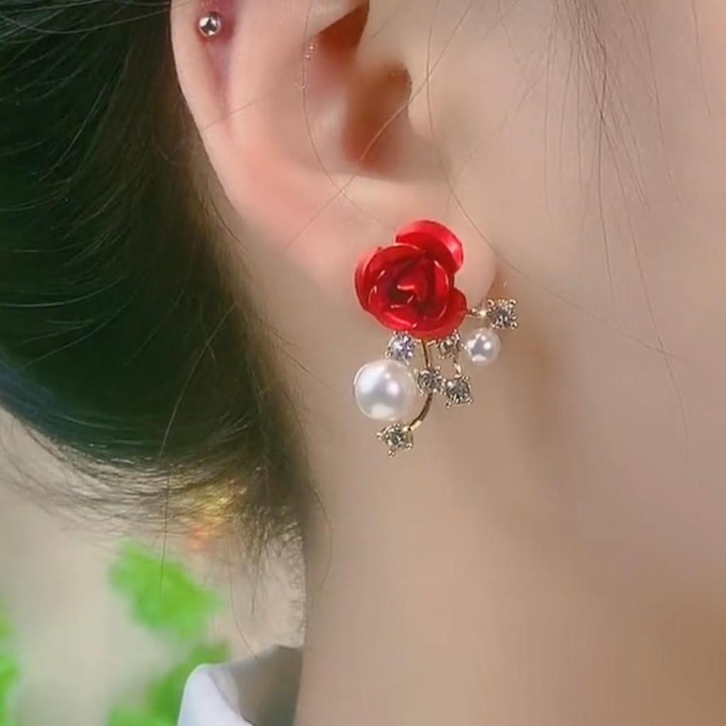 2024 Trendy Red Rose Pearl Stud Earrings: Niche Light Luxury, Super Shiny Design