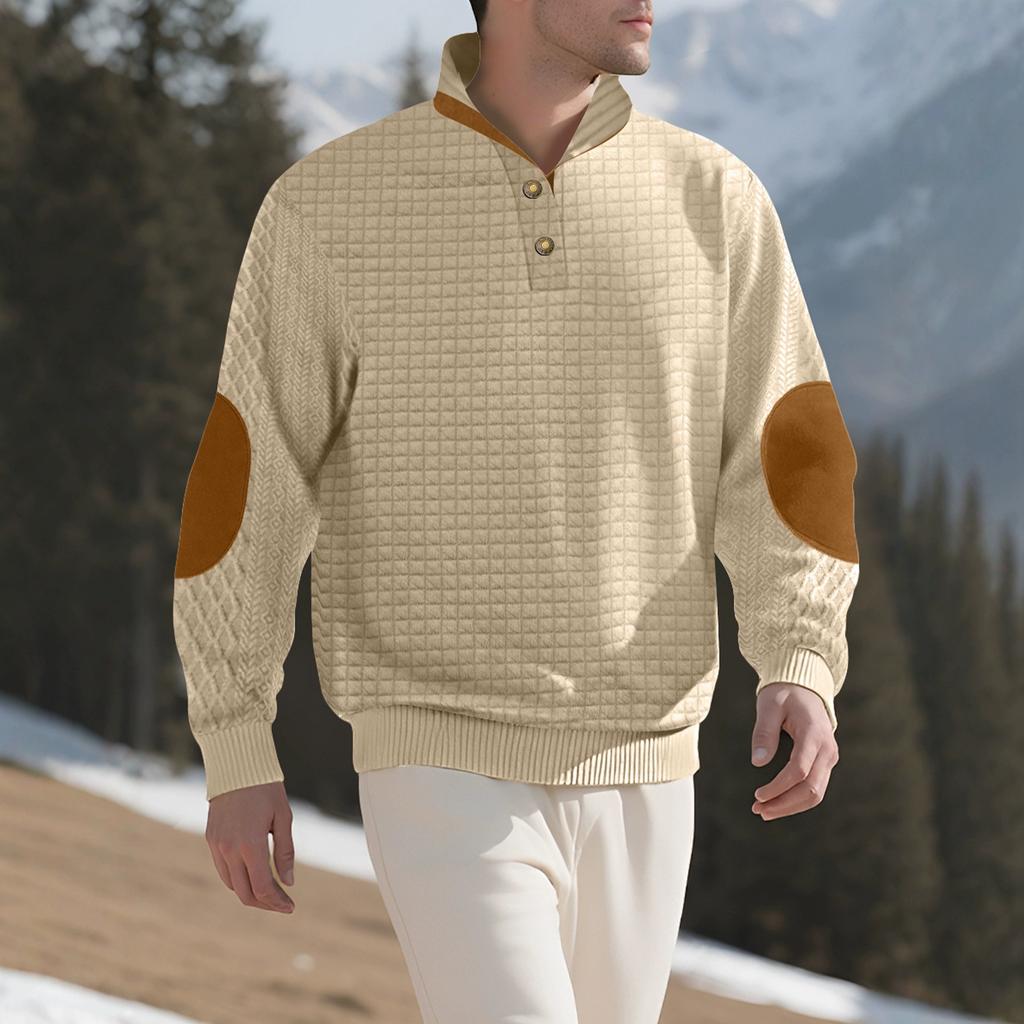 Lightweight Casual Sportswear for Men Jacquard Small Check Pattern Stand-Up Collar Long-Sleeved Pullover Button-Front Outdoor Sweatshirt