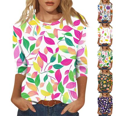 Ladies' Fashionable And Casual Seven Quarter Sleeve Floral Print Pullover Top