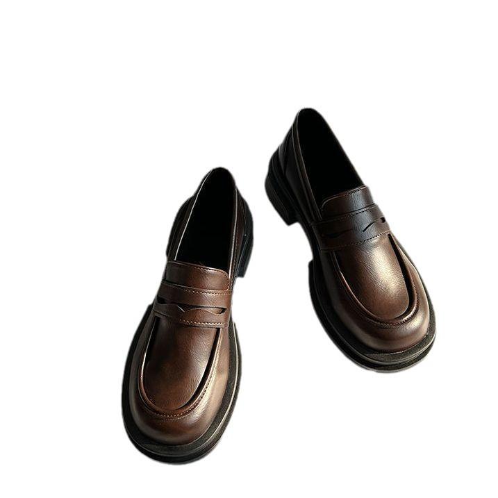 Thick heel and small leather shoes for women's spring new platform-soled college style mid-heel shoes