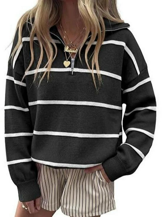 2026 Fall/Winter Women's Striped Zipper Sweater - Loose European and American Fashion Knit Pullover