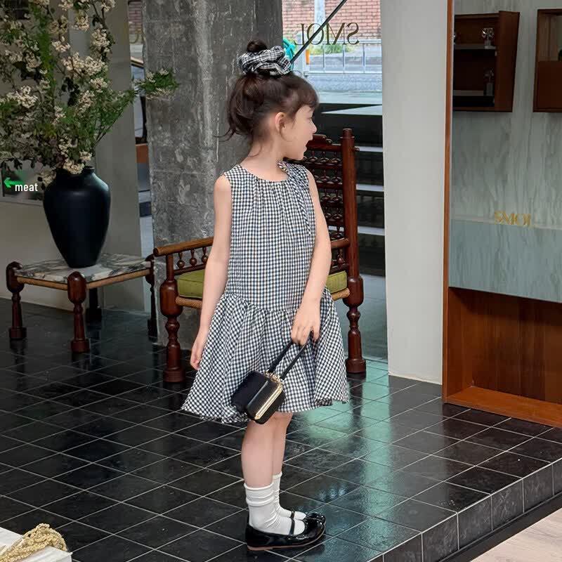 SEVEN BOBI Girls Korean Style Pleated Plaid Sleeveless A-Line Dress 140 cm