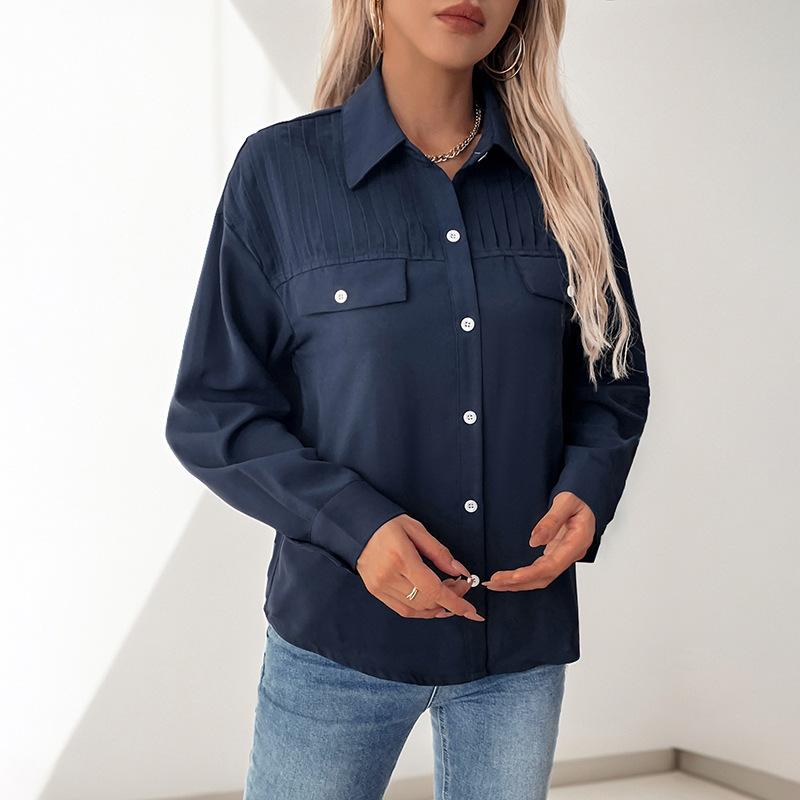 

Рубашка Commuter Lapel Shirt Осень Женская Длинный Рукав Кардиган Топы XL темно-синий