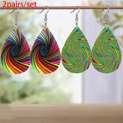 Kreative Bunte Wirbel PU-Leder Ohrringe für Damen Coole Ohrringe Zweiseitig Bedruckte Hängeohrringe Mode Vielseitige Ohrring-Accessoires