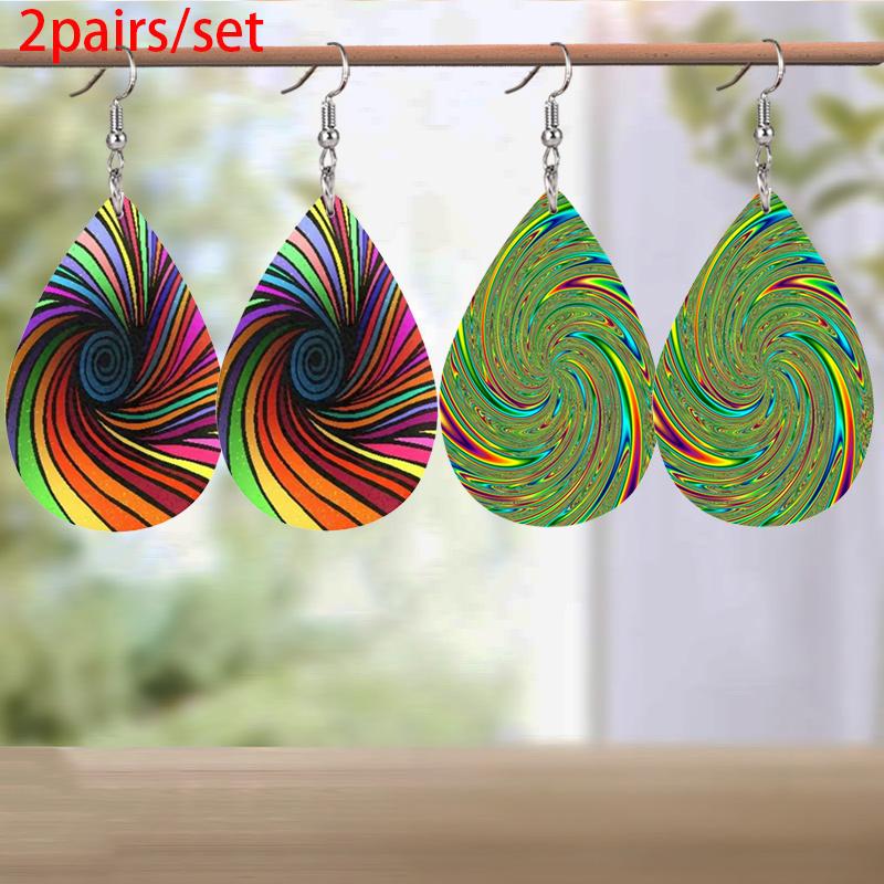 Creative Colorful Vortex PU Leather Earrings for Women Cool Earrings Double-sided Printed Drop Earrings Fashion Versatile Earring Accessories