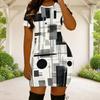 Women Plus Size Round Neck Short Sleeve Geometric Printed Fitted Mini Dress Black White Orange