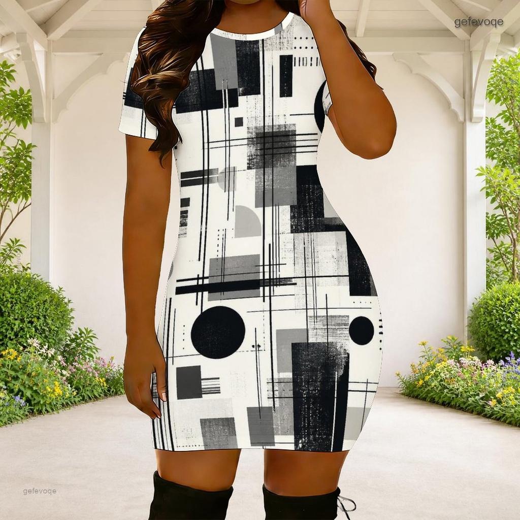 Women Plus Size Round Neck Short Sleeve Geometric Printed Fitted Mini Dress Black White Orange