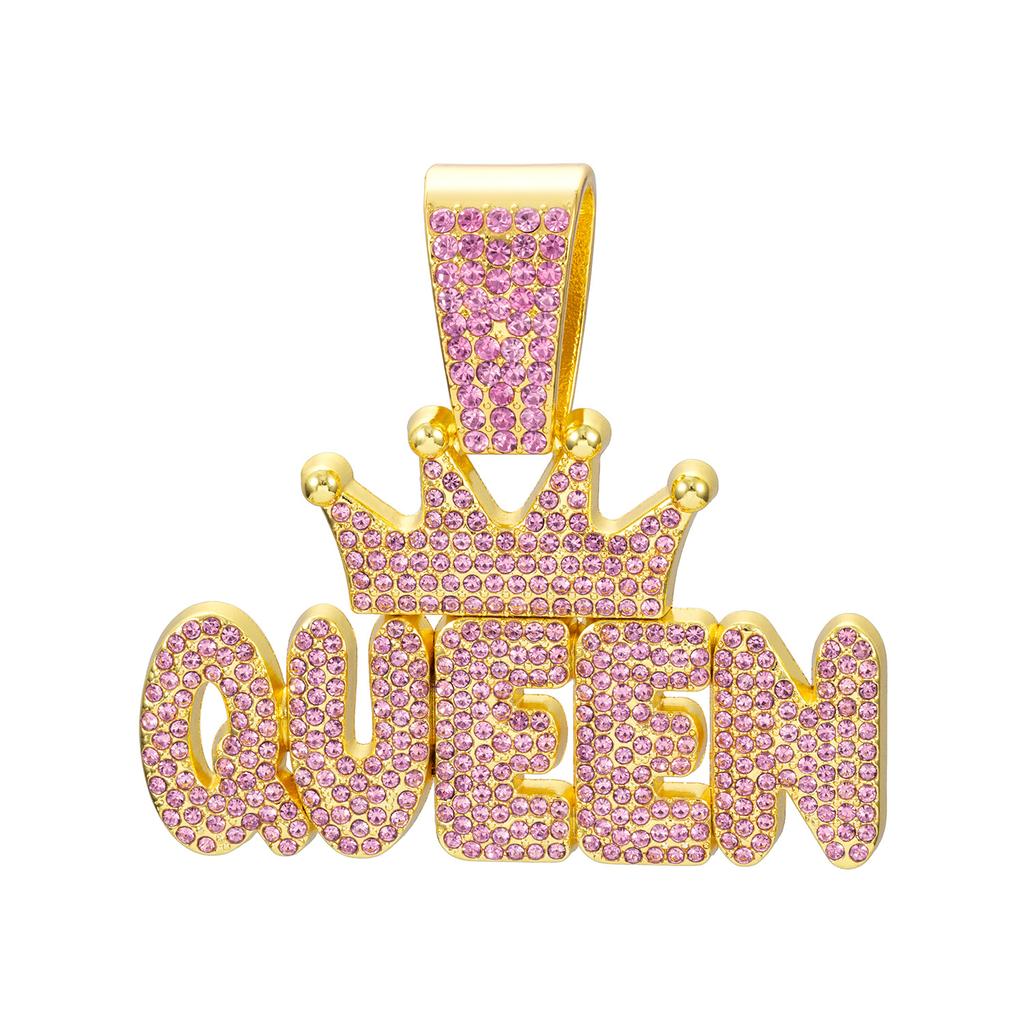 Couronne Rose Diamant pour Femme, Pendentif Lettre QUEEN, Collier Cubain Diamant Long Hip Hop Accessoire Féminin