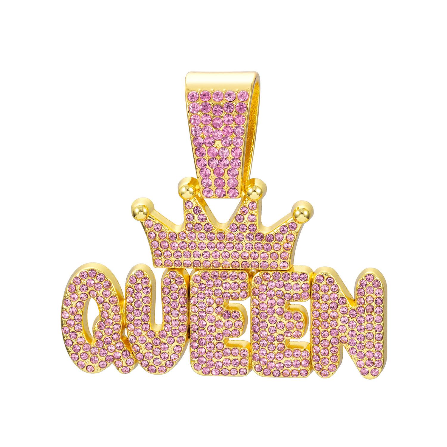 

Women s Pink Diamond Crown, QUEEN Letter Pendant, Diamond Cuban Necklace Long Hip Hop Female Accessory
