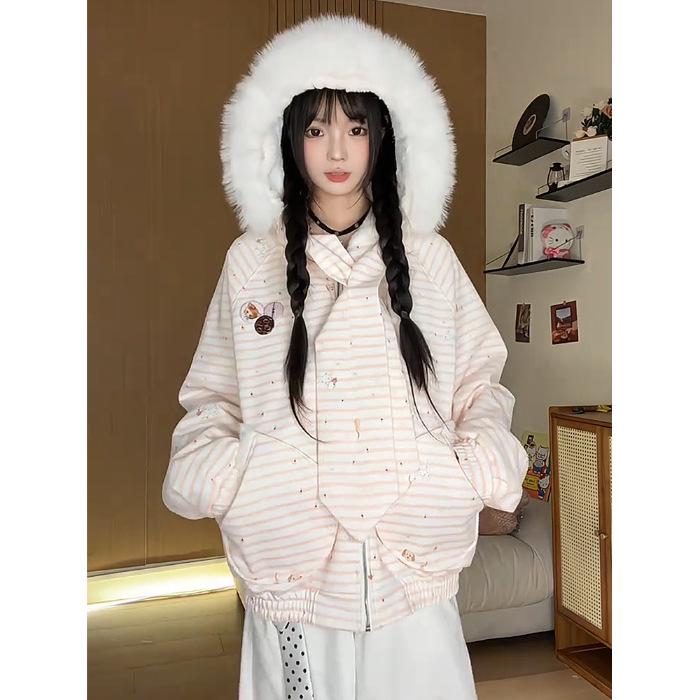 

Женское пушистое полосатое хлопковое пальто: Худи в корейском стиле с меховым воротником - Милое, свободное и теплое для зимы L