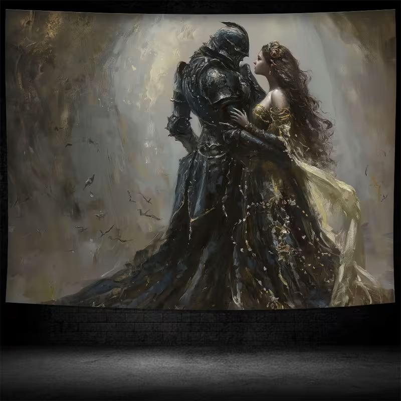 2D Medieval Romantic Tapestry, Dark Knight & Princess Wall Art for Home Decor