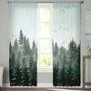 Watercolor Forest Bird Dark Green Bedroom Curtains Tulle Sheer Curtain Living Room Home Decor Voile Drapes
