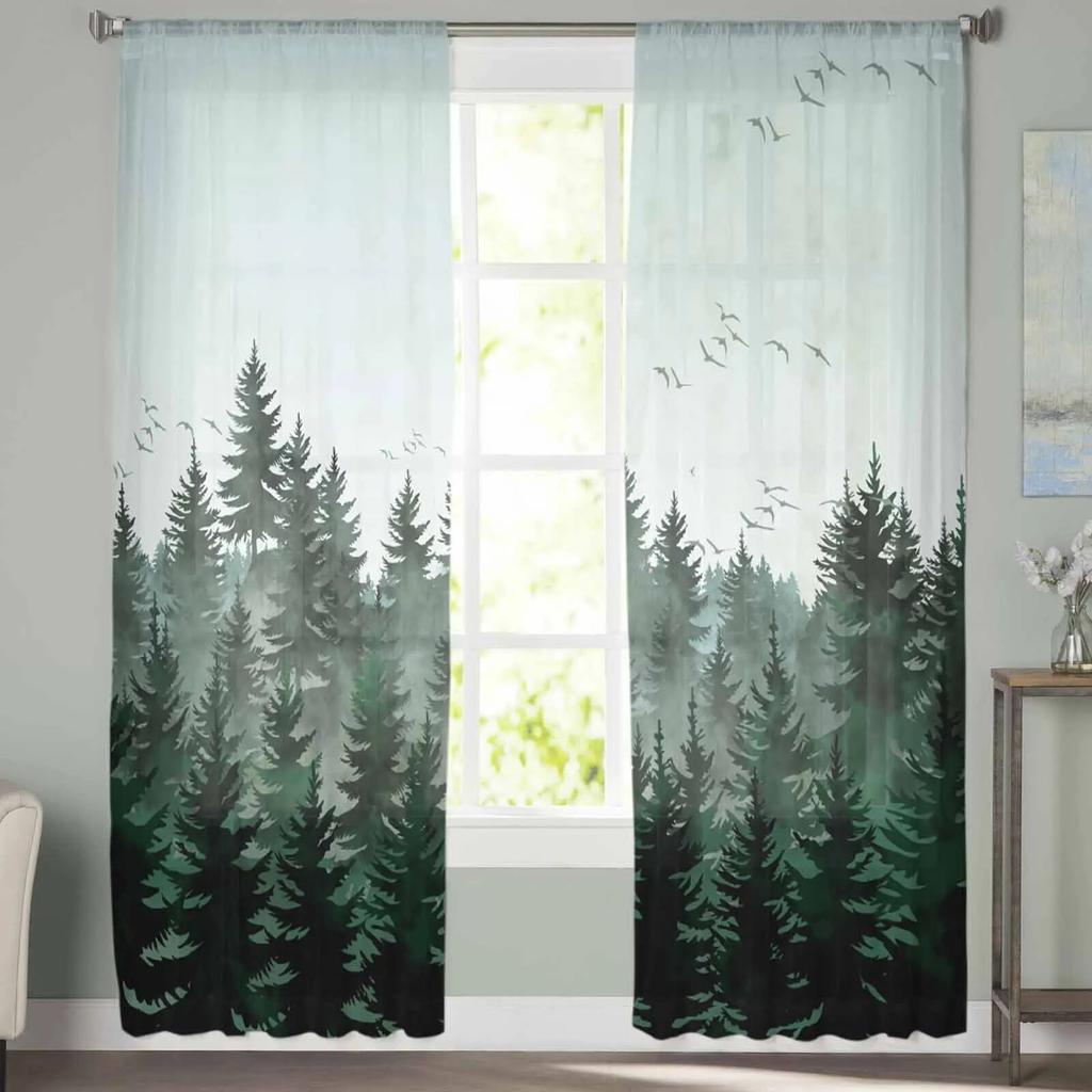 Watercolor Forest Bird Dark Green Bedroom Curtains Tulle Sheer Curtain Living Room Home Decor Voile Drapes