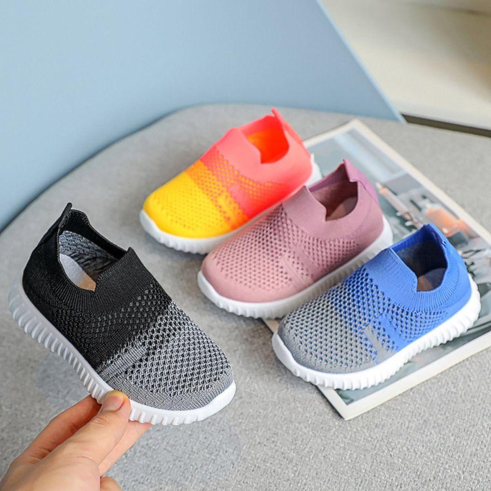 Mesh Upper Children Running Sneakers Soft Soled Patchwork Design Kids Shoes Slip-on Style Lightweight Anti-Slip Shoes