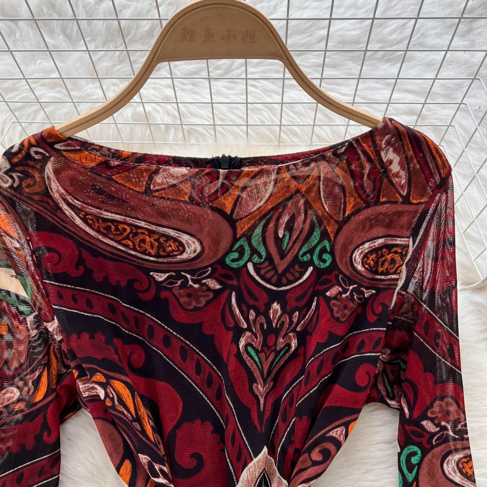 Chic sexy print mesh Ruched dress long sleeve Fairy Casual A-line autumn winter  Vestidos Women Party dress