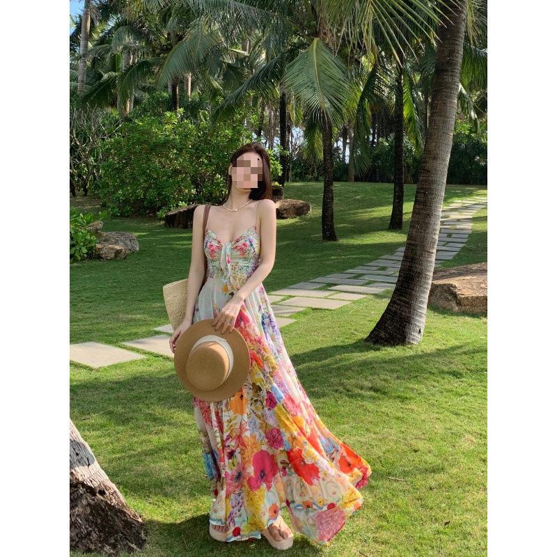 French Pure Desire Color Broken Flower Suspender High Waist Pendulum Seaside Vacation Dress Women