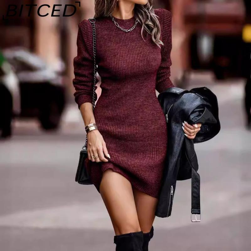 BITCED Fall/Winter Solid Color O-Neck Long-Sleeve Bodycon Knit Dress for Women