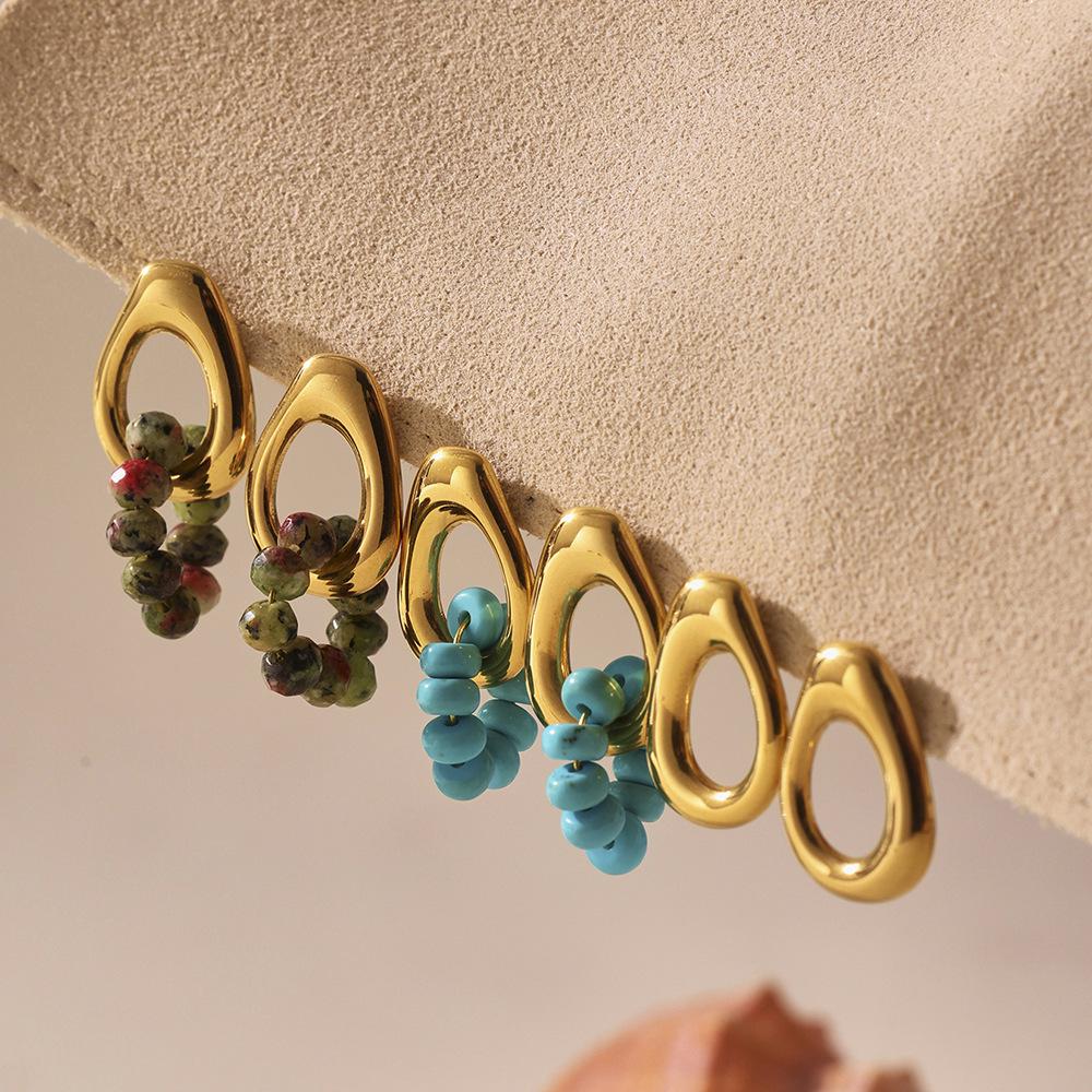 Qiong Yao Turquoise Beaded Pendant Earrings, 18K Gold-Plated Stainless Steel, Fade-Resistant Exquisite Design