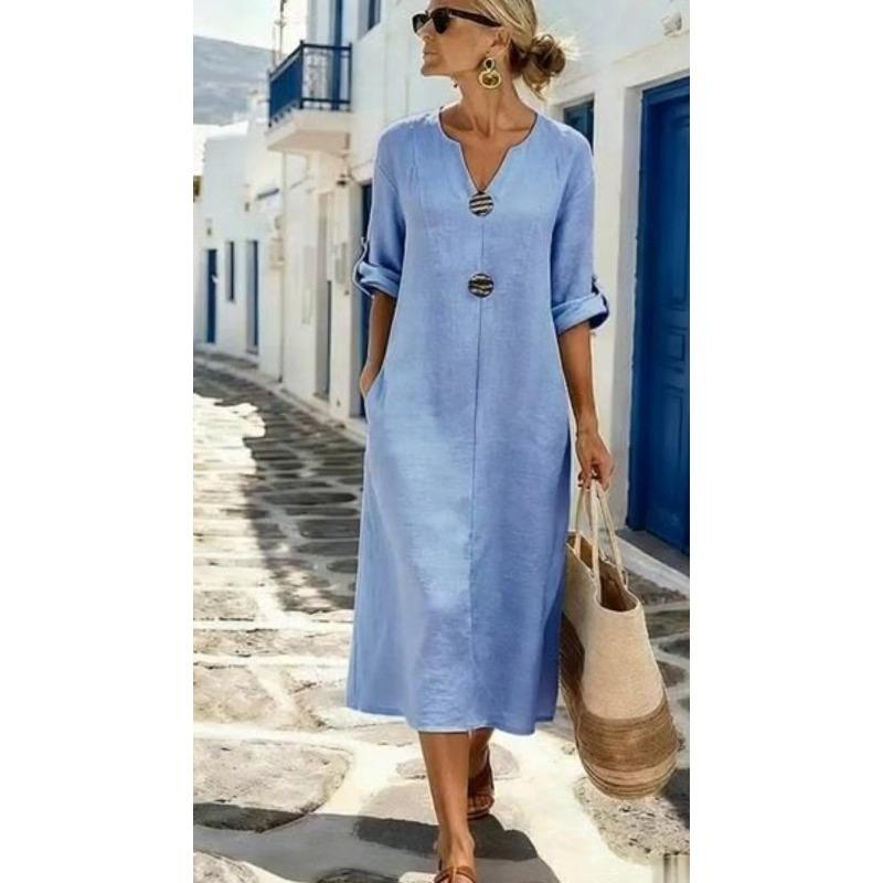 BITCED Fashion Autumn Winter Solid Color Print Long Sleeve V-Neck Casual Dresses