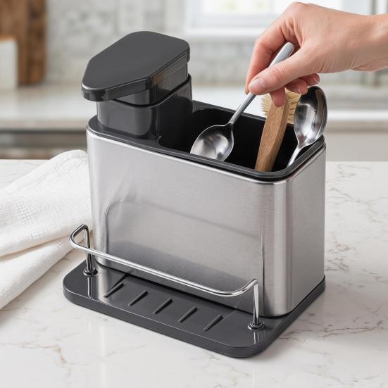 Stainless Steel Cutlery Organizer Multi Compartment Storage Box Dishwasher Safe Silver Kitchen Utensil Holder with Drainage Holes Non-Slip Countertop